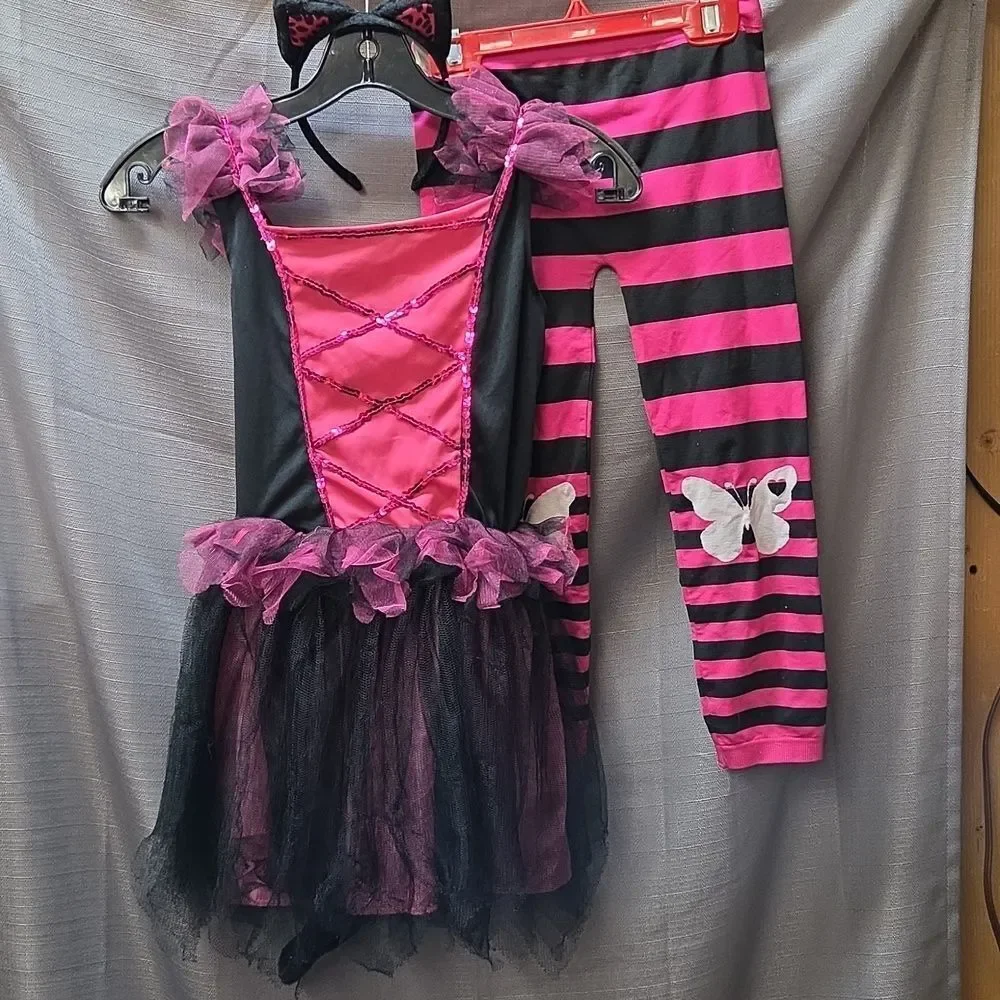 CHILD'S‎ CAT KITTY HALLOWEEN COSTUME DRESS WITH TAIL, EARS, TIGHTS SZ 8-10